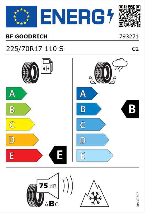 Tyre Label for BF Goodrich All Terrain T/A KO2 RWL 225/70R17 110S