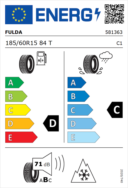 Tyre Label for Fulda Kristall Montero 3 185/60R15 84T