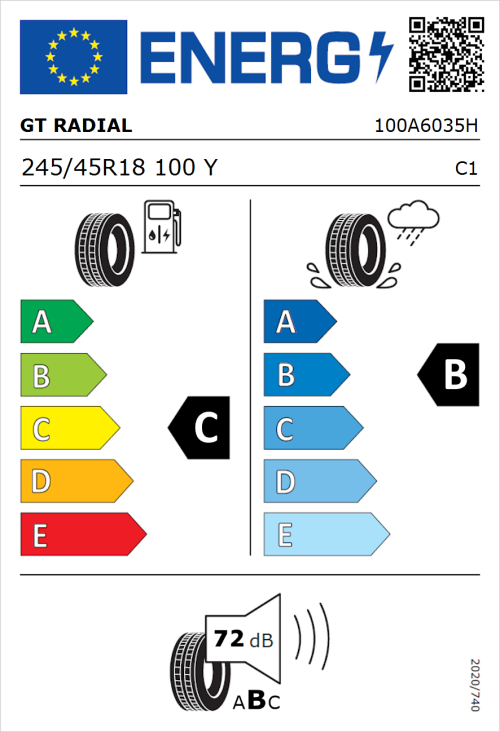 Tyre Label for GT Radial Sport Active 245/45R18 100Y