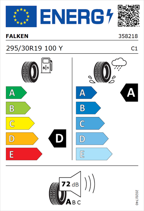 Tyre Label for Falken Azenis RS820 295/30R19 100Y