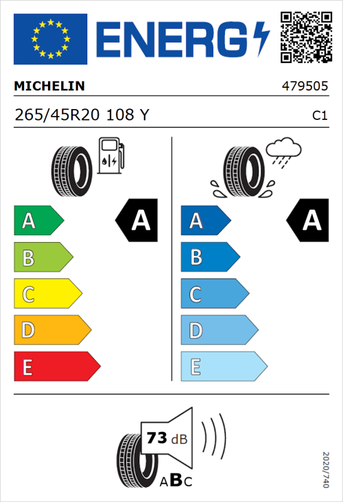 Tyre Label for Michelin Pilot Sport 5 Energy 265/45R20 108Y